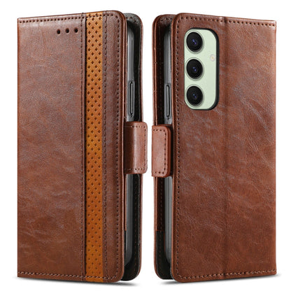 For Samsung Galaxy S24 FE 5G CaseNeo Splicing Dual Magnetic Buckle Leather Phone Case(Brown)