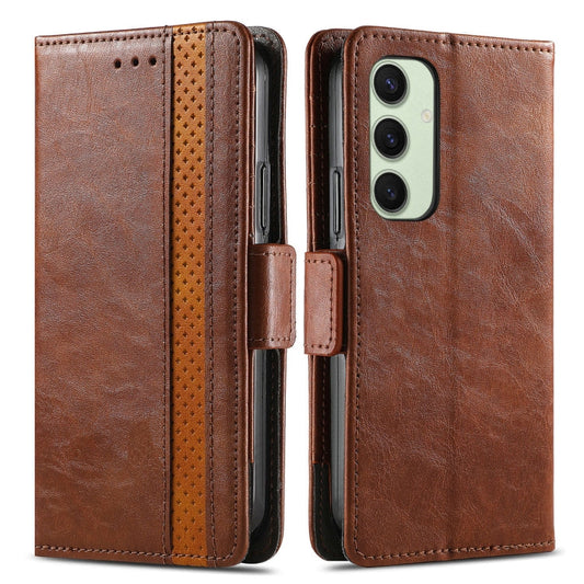 For Samsung Galaxy S24 FE 5G CaseNeo Splicing Dual Magnetic Buckle Leather Phone Case(Brown)