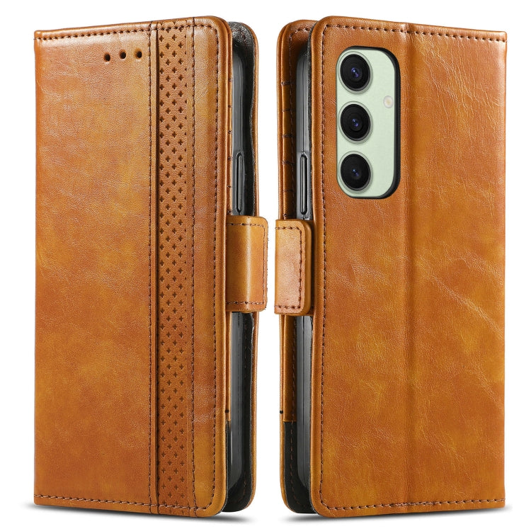 For Samsung Galaxy S24 FE 5G CaseNeo Splicing Dual Magnetic Buckle Leather Phone Case(Khaki)