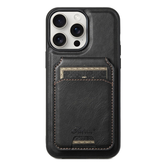 For iPhone 15 Pro Max Suteni H15 MagSafe Oil Eax Leather Detachable Wallet Back Phone Case(Black)