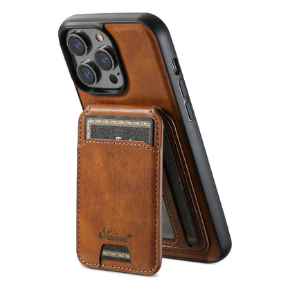 Pour iPhone 15 Pro Max Étui portefeuille détachable en cuir huilé Suteni H15 MagSafe (Marron)