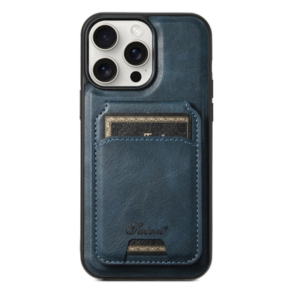Pour iPhone 15 Pro Max Étui portefeuille détachable en cuir huilé Suteni H15 MagSafe (Bleu)