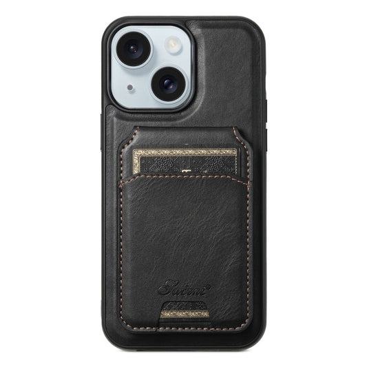 For iPhone 15 Plus Suteni H15 MagSafe Oil Eax Leather Detachable Wallet Back Phone Case(Black)