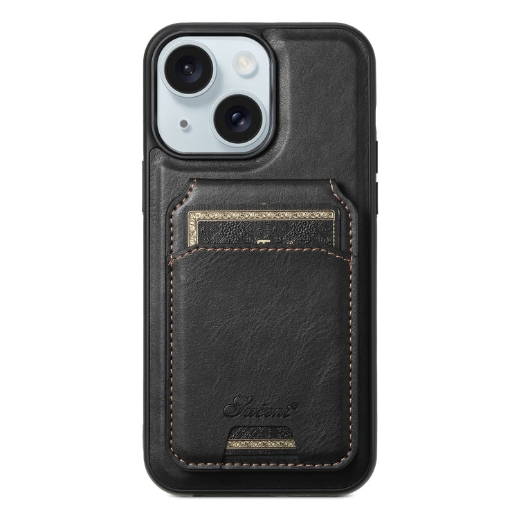 For iPhone 15 Suteni H15 MagSafe Oil Eax Leather Detachable Wallet Back Phone Case(Black)