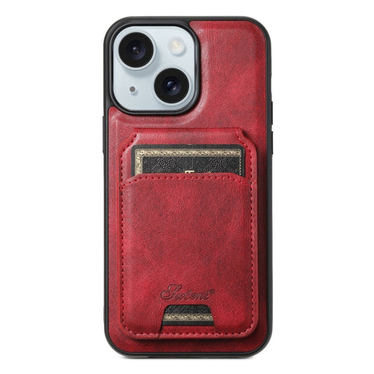 For iPhone 15 Suteni H15 MagSafe Oil Eax Leather Detachable Wallet Back Phone Case(Red)