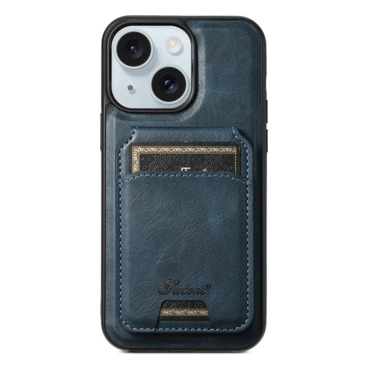 For iPhone 15 Suteni H15 MagSafe Oil Eax Leather Detachable Wallet Back Phone Case(Blue)