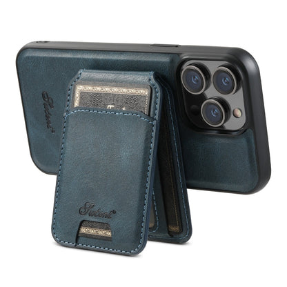 For iPhone 14 Pro Suteni H15 MagSafe Oil Eax Leather Detachable Wallet Back Phone Case(Blue)