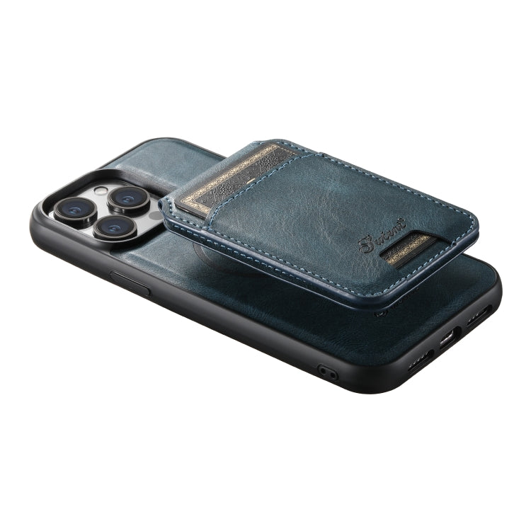 For iPhone 14 Pro Suteni H15 MagSafe Oil Eax Leather Detachable Wallet Back Phone Case(Blue)