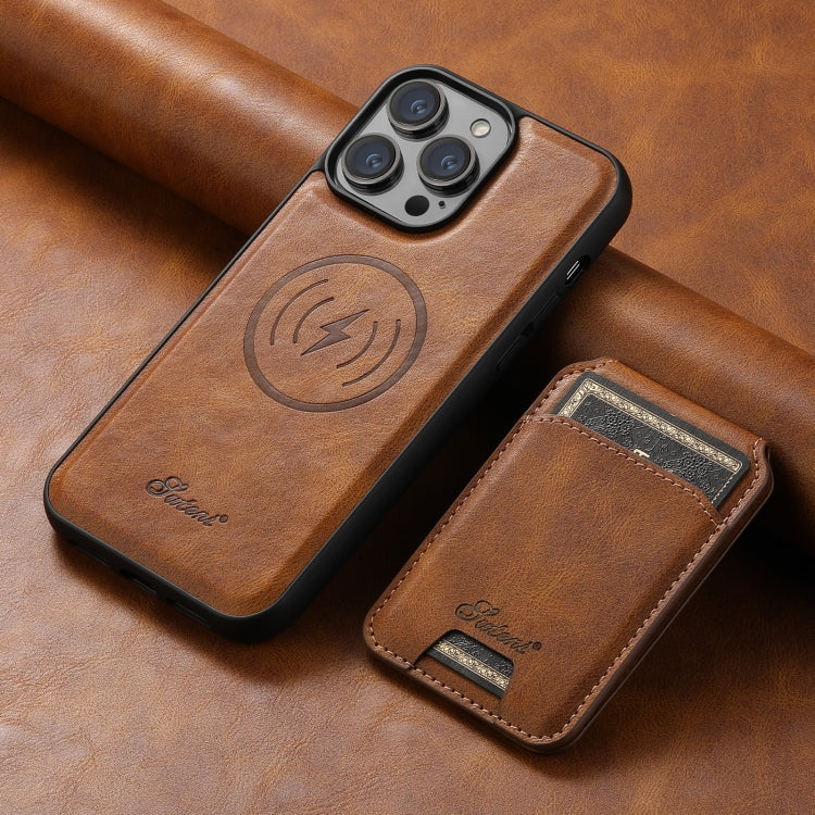 For iPhone 13 Pro Max Suteni H15 MagSafe Oil Eax Leather Detachable Wallet Back Phone Case(Brown)