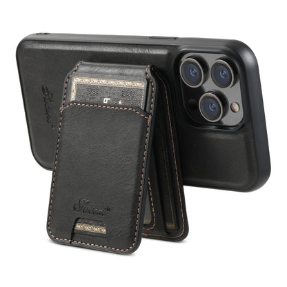 For iPhone 13 Pro Suteni H15 MagSafe Oil Eax Leather Detachable Wallet Back Phone Case(Black)