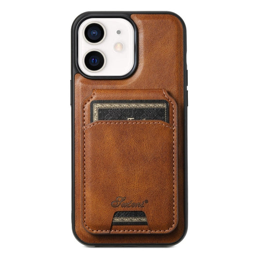 For iPhone 12  Suteni H15 MagSafe Oil Eax Leather Detachable Wallet Back Phone Case(Brown)