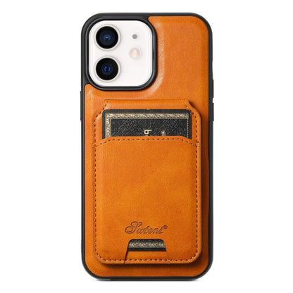 For iPhone 12  Suteni H15 MagSafe Oil Eax Leather Detachable Wallet Back Phone Case(Khaki)