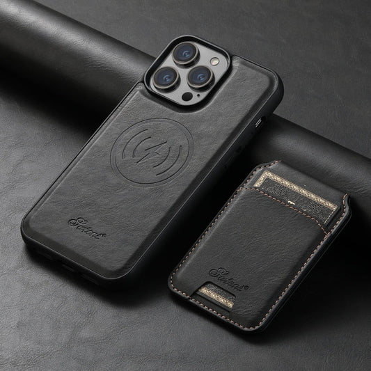 Pour iPhone 12 Pro Max Suteni H15 MagSafe Coque arrière de téléphone en cuir huilé détachable (Noir)