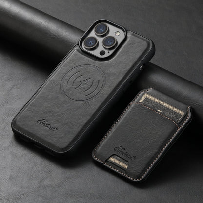 For iPhone 12 Pro Suteni H15 MagSafe Oil Eax Leather Detachable Wallet Back Phone Case(Black)