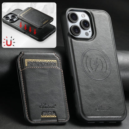 For iPhone 16 Pro Suteni H15 MagSafe Oil Eax Leather Detachable Wallet Back Phone Case(Black)