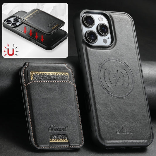 For iPhone 16 Pro Suteni H15 MagSafe Oil Eax Leather Detachable Wallet Back Phone Case(Black)