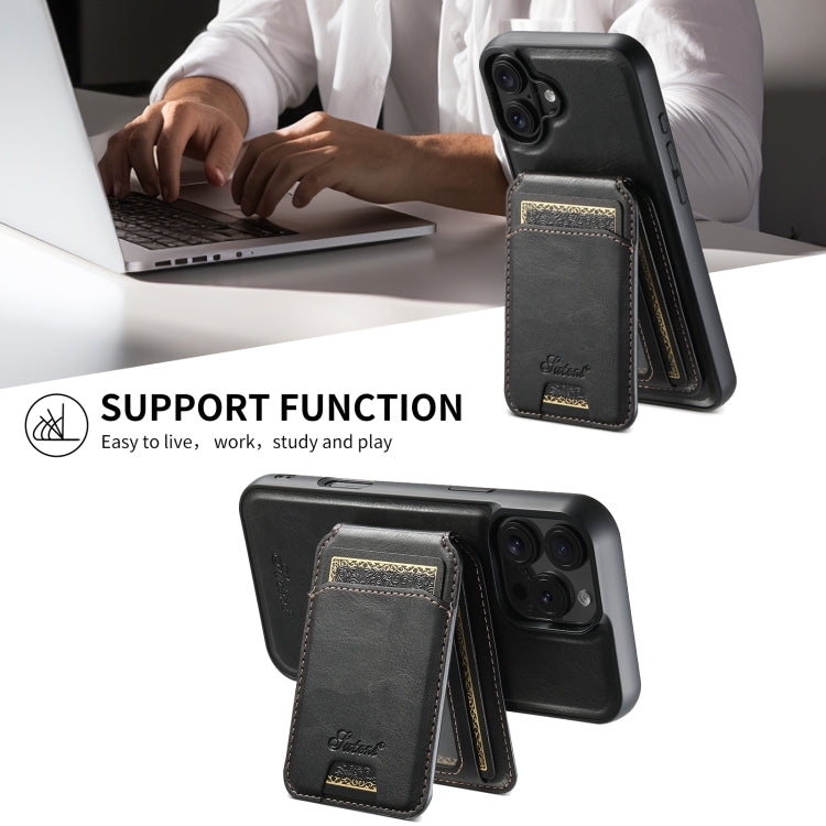 For iPhone 16 Pro Suteni H15 MagSafe Oil Eax Leather Detachable Wallet Back Phone Case(Black)