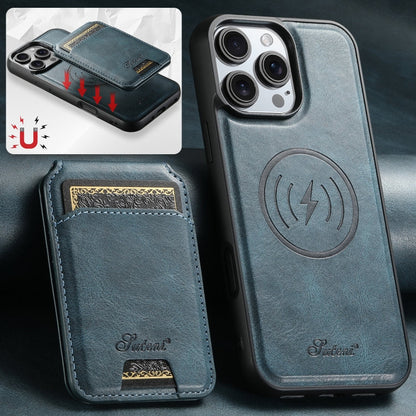 For iPhone 16 Pro Suteni H15 MagSafe Oil Eax Leather Detachable Wallet Back Phone Case(Blue)