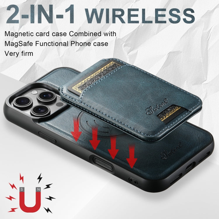 For iPhone 16 Pro Suteni H15 MagSafe Oil Eax Leather Detachable Wallet Back Phone Case(Blue)