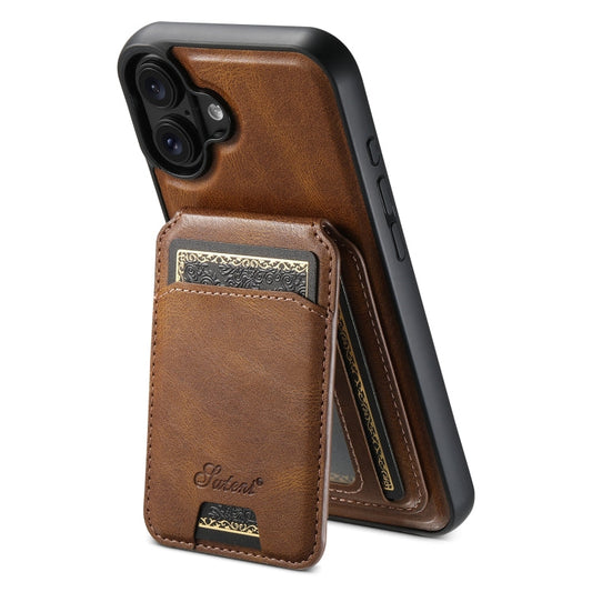 For iPhone 16 Plus Suteni H15 MagSafe Oil Eax Leather Detachable Wallet Back Phone Case(Brown)
