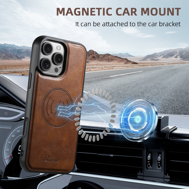 For iPhone 16 Pro Max Suteni H15 MagSafe Oil Eax Leather Detachable Wallet Back Phone Case(Brown)