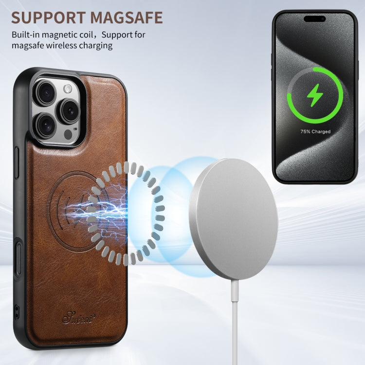For iPhone 16 Pro Max Suteni H15 MagSafe Oil Eax Leather Detachable Wallet Back Phone Case(Brown)