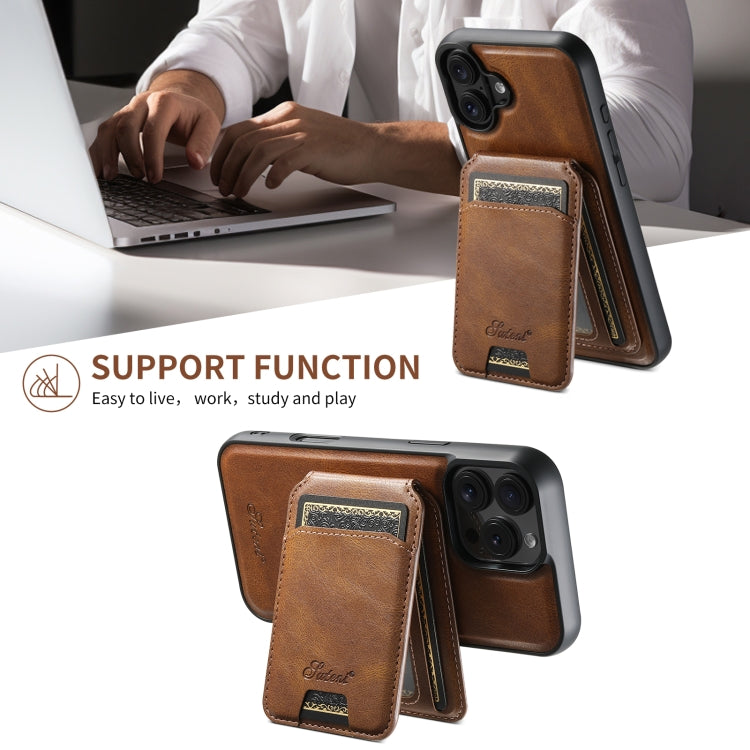 For iPhone 16 Pro Max Suteni H15 MagSafe Oil Eax Leather Detachable Wallet Back Phone Case(Brown)