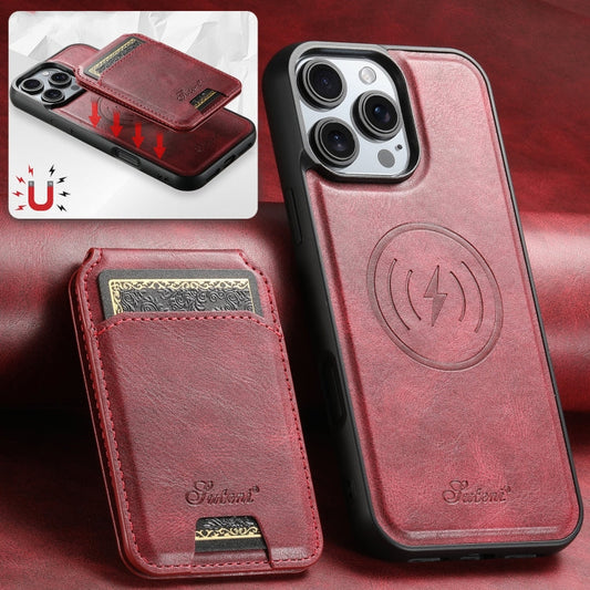 For iPhone 16 Pro Max Suteni H15 MagSafe Oil Eax Leather Detachable Wallet Back Phone Case(Red)