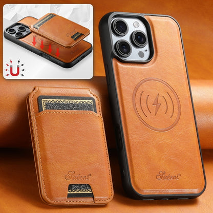 For iPhone 16 Pro Max Suteni H15 MagSafe Oil Eax Leather Detachable Wallet Back Phone Case(Khaki)