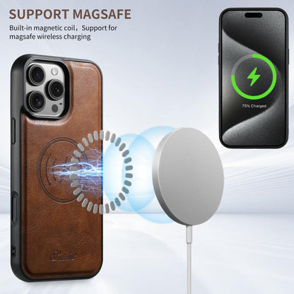 For iPhone 17e / 16e Suteni H15 MagSafe Oil Eax Leather Detachable Wallet Back Phone Case(Brown)