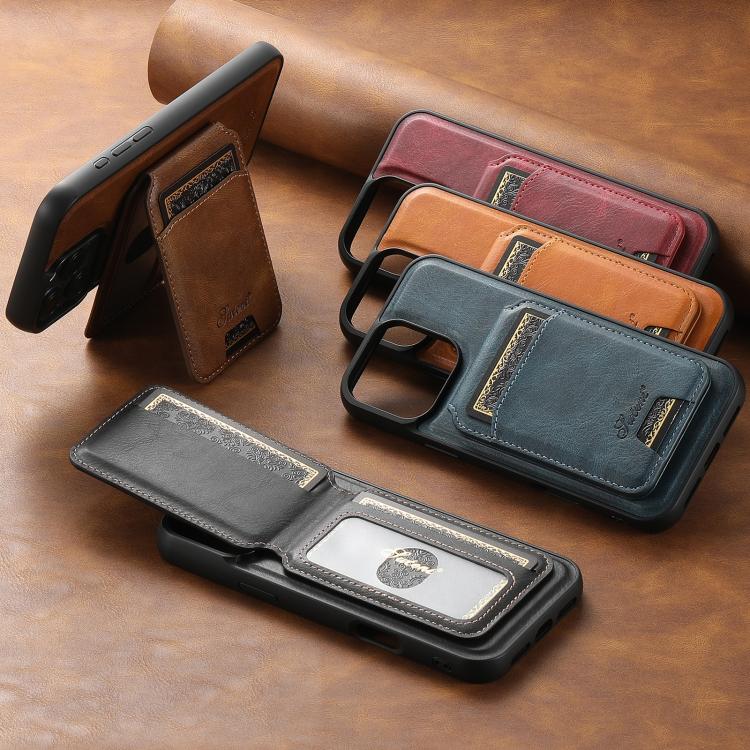 For iPhone 13 Pro Max Suteni H15 MagSafe Oil Eax Leather Detachable Wallet Back Phone Case(Brown)
