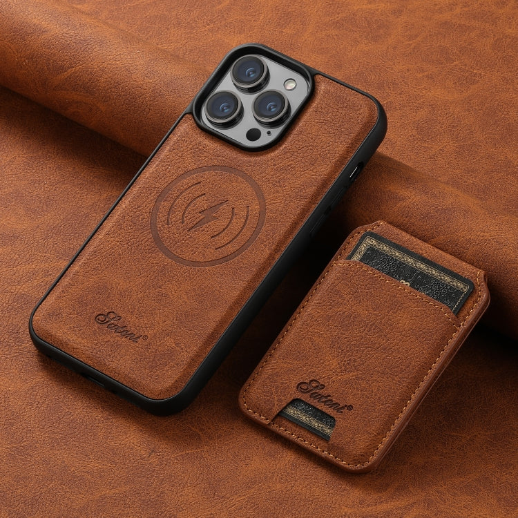 For iPhone 15 Pro Max Suteni H16 Litchi Texture Leather Detachable Wallet Back Phone Case(Khaki)