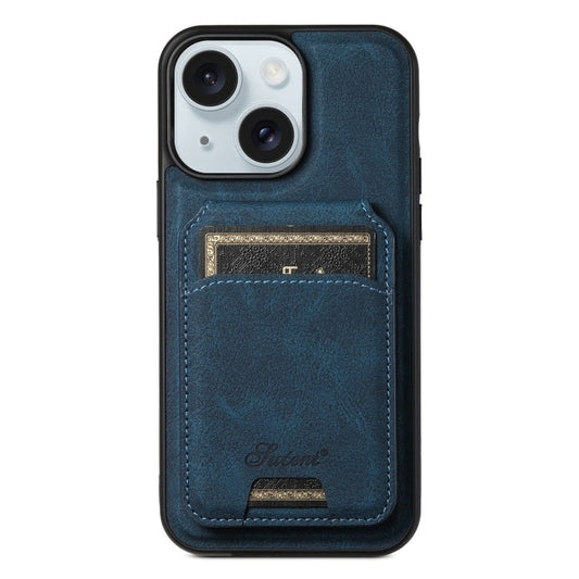 For iPhone 15 Plus Suteni H16 Litchi Texture Leather Detachable Wallet Back Phone Case(Blue)
