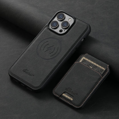 Pour iPhone 13 Pro Max Étui Suteni H16 en cuir à texture Litchi avec portefeuille détachable (Noir)