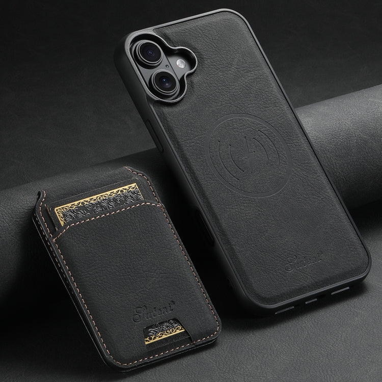 For iPhone 16 Suteni H16 Litchi Texture Leather Detachable Wallet Back Phone Case(Black)