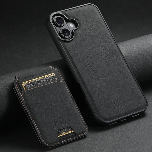 For iPhone 16 Suteni H16 Litchi Texture Leather Detachable Wallet Back Phone Case(Black)