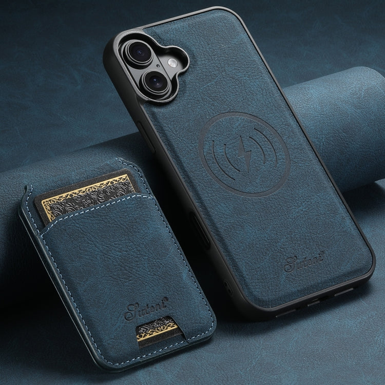 For iPhone 16 Suteni H16 Litchi Texture Leather Detachable Wallet Back Phone Case(Blue)