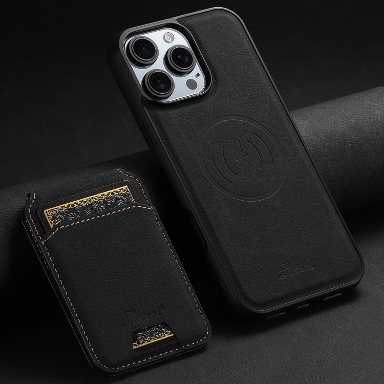 For iPhone 16 Pro Suteni H16 Litchi Texture Leather Detachable Wallet Back Phone Case(Black)
