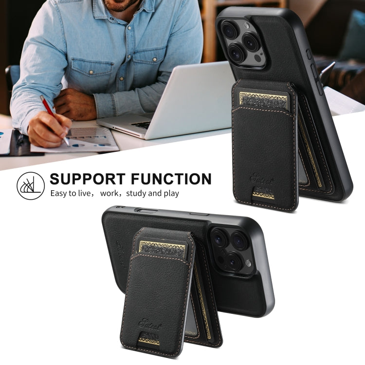 For iPhone 16 Pro Suteni H16 Litchi Texture Leather Detachable Wallet Back Phone Case(Black)