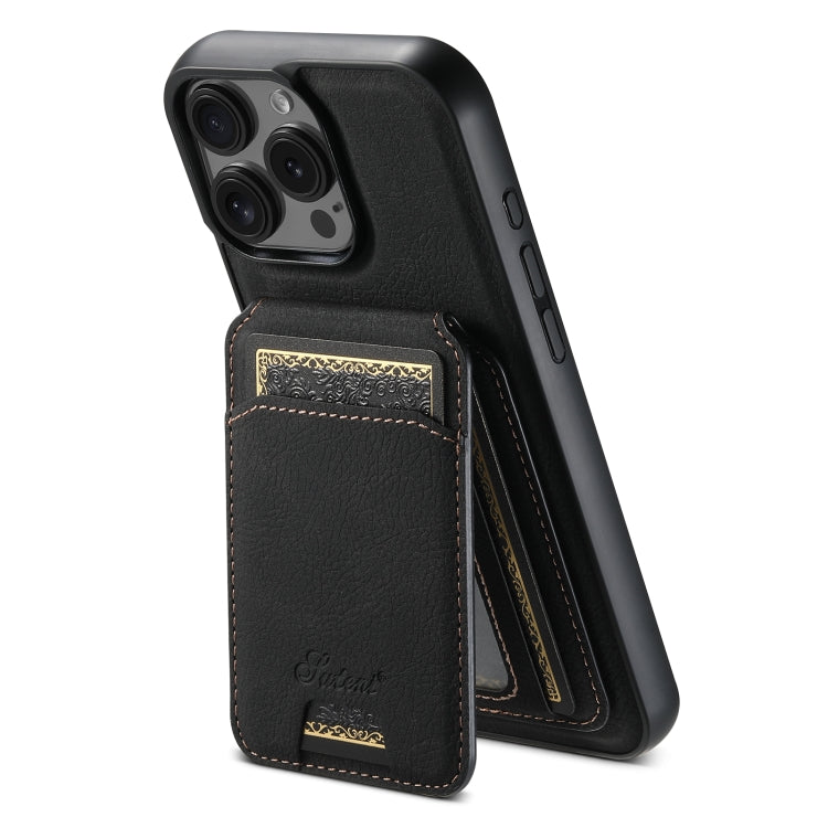 For iPhone 16 Pro Suteni H16 Litchi Texture Leather Detachable Wallet Back Phone Case(Black)