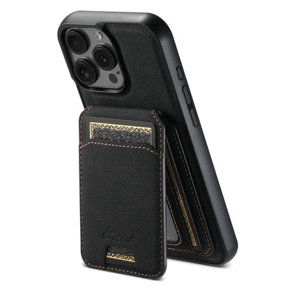 For iPhone 16 Pro Suteni H16 Litchi Texture Leather Detachable Wallet Back Phone Case(Black)
