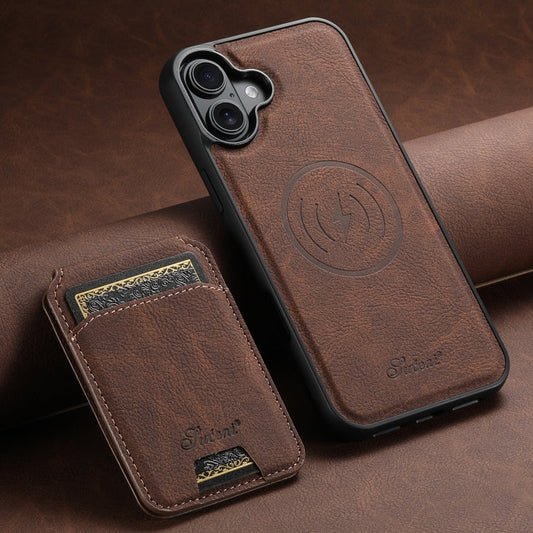 For iPhone 16 Plus Suteni H16 Litchi Texture Leather Detachable Wallet Back Phone Case(Brown)