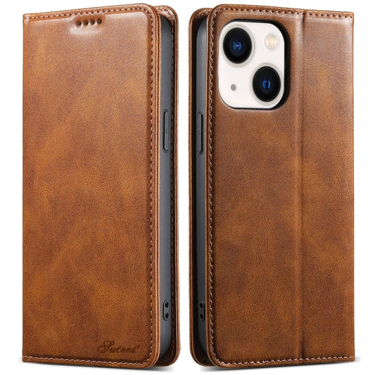 Pour iPhone 14 Plus Étui portefeuille en cuir huilé Suteni J02 (marron)