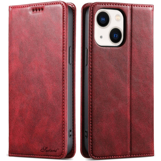 Pour iPhone 14 Plus Étui portefeuille en cuir huilé Suteni J02 (rouge)