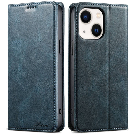 Pour iPhone 14 Plus Étui portefeuille en cuir huilé Suteni J02 (bleu)