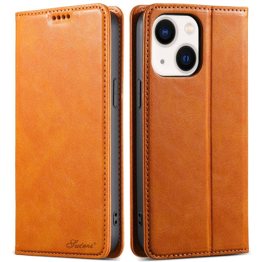 For iPhone 14 Suteni J02 Oil Wax Wallet Leather Phone Case(Khaki)