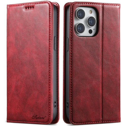Pour iPhone 14 Pro Max Suteni J02 Étui de téléphone en cuir portefeuille effet cire d'huile (rouge)