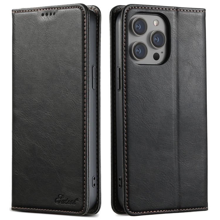 Pour iPhone 13 Pro Max Étui portefeuille en cuir ciré Suteni J02 (noir)