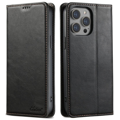 Pour iPhone 13 Pro Max Étui portefeuille en cuir ciré Suteni J02 (noir)