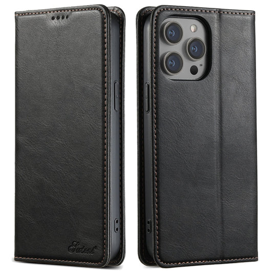 Pour iPhone 13 Pro Max Étui portefeuille en cuir ciré Suteni J02 (noir)